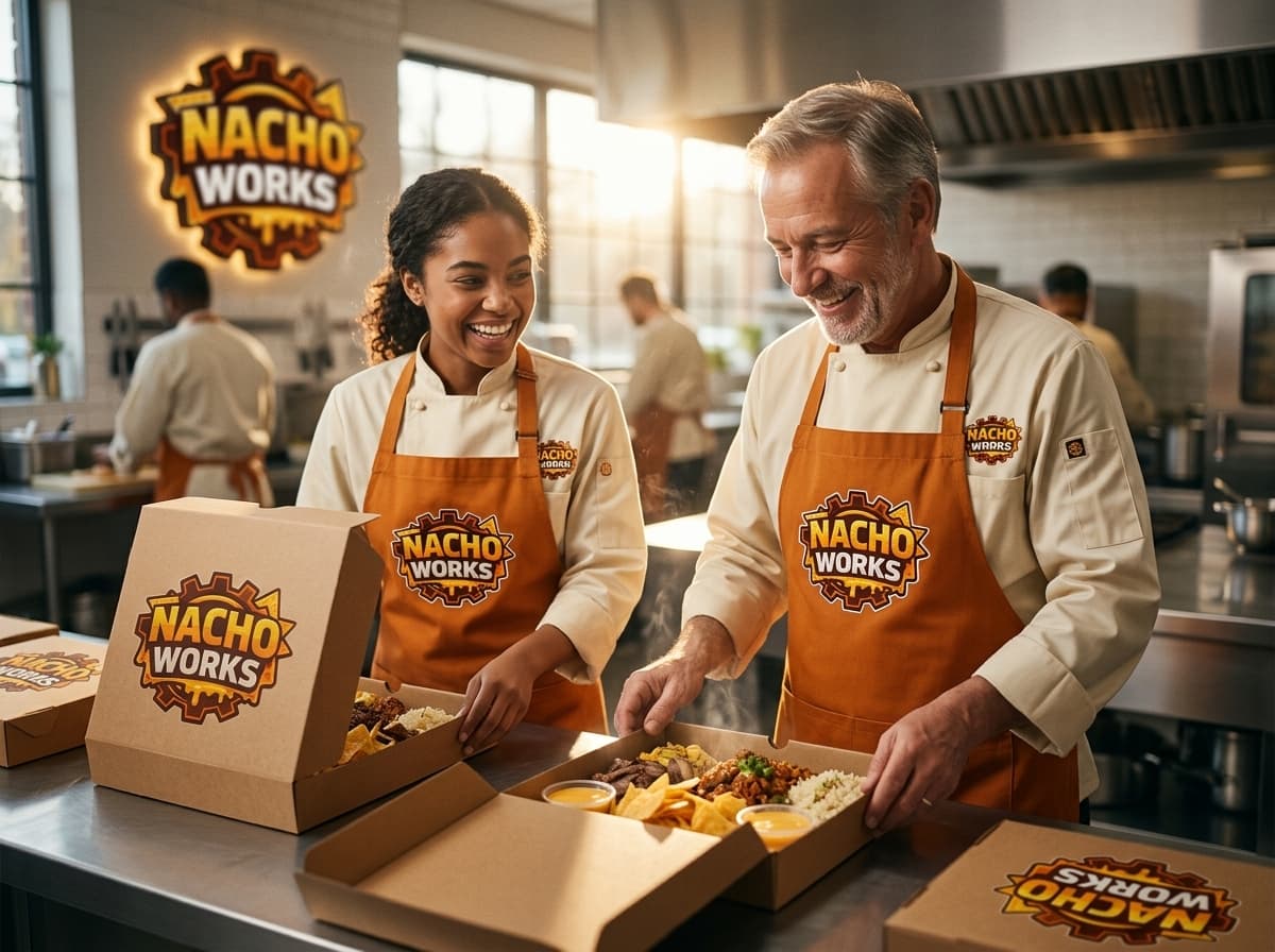 Volunteers wearing NachoWorks aprons serving with joy