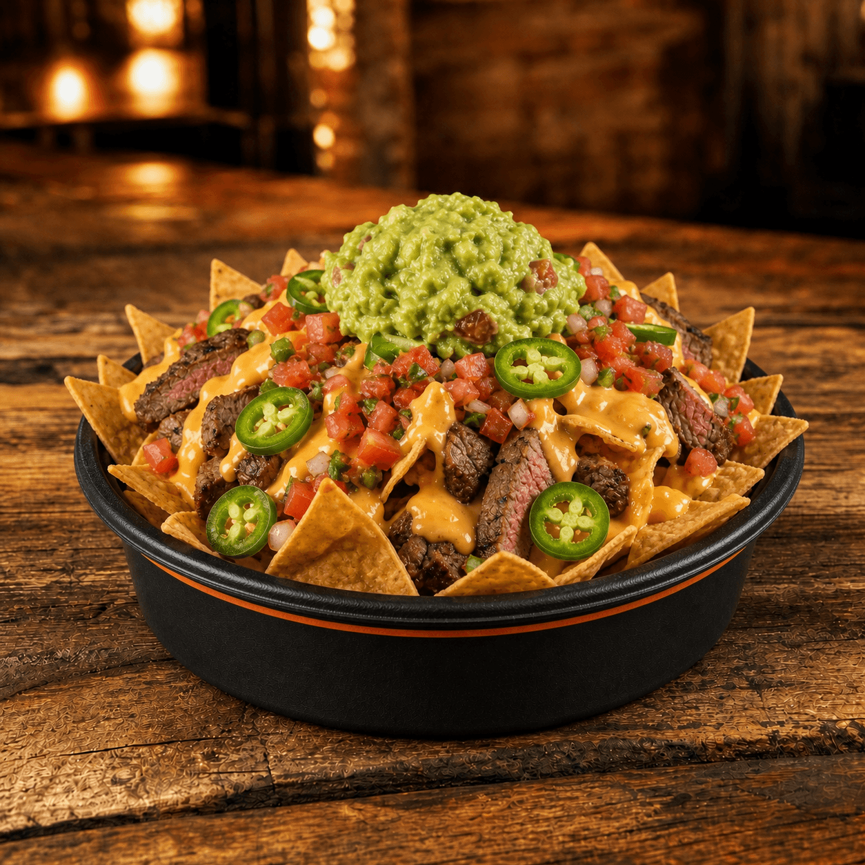 Loaded steak nachos with queso, pico, guacamole, and jalapeños