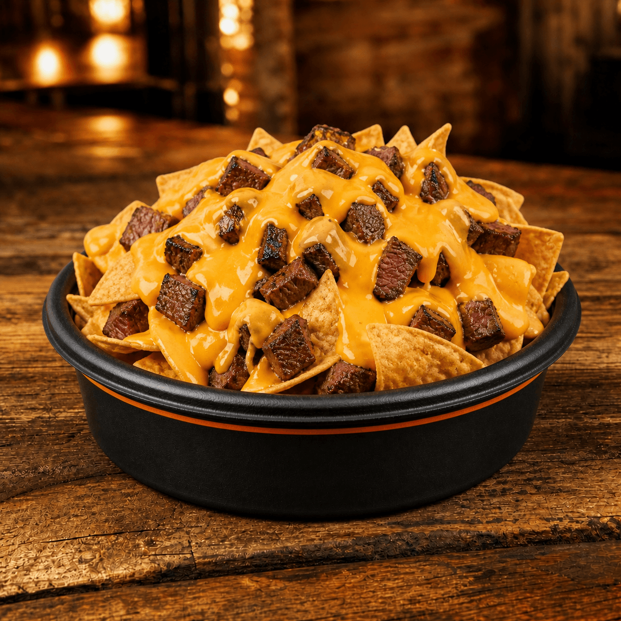 Loaded steak nachos with molten queso in a black NachoWorks bowl