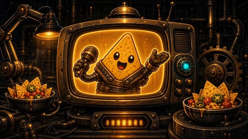 A nacho host broadcasting from a copper television set